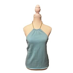 Chaps 1978 Light Blue Knit Halter Top w/ Gold Chain Strap Built-In Lining Size M